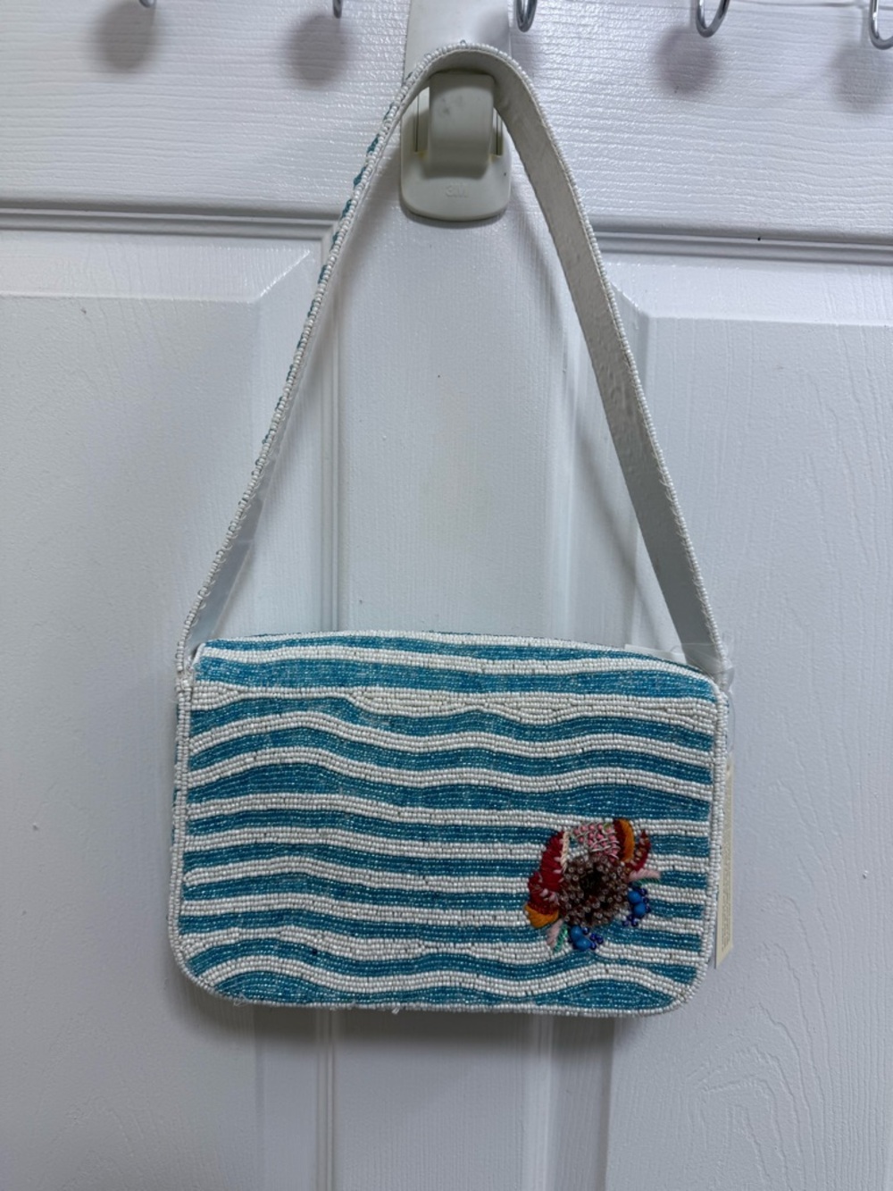 NWT Handcrafted Beaded Blue Wave Shoulder Bag with Crab Motif